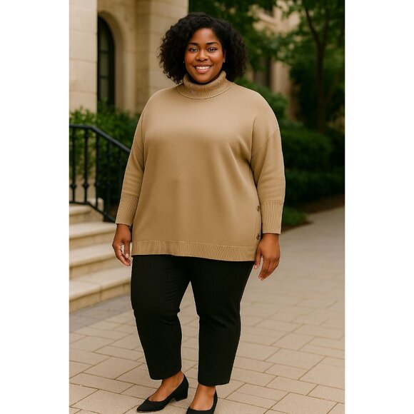 Alfani Womens 3X Sweater Turtleneck Poncho Taupe With Gold Button Accents - Picture 9 of 9